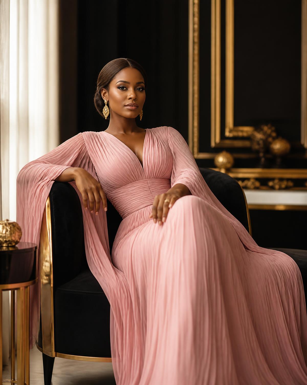 Woman in a pink pleated gown seated in an elegant black and gold interior
