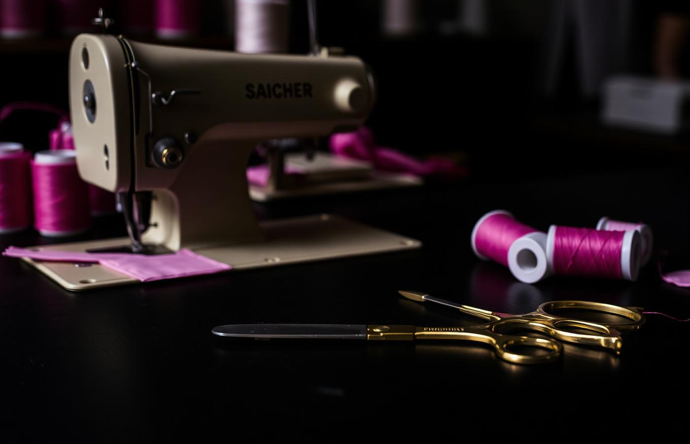Sewing machine with pink thread and gold shears